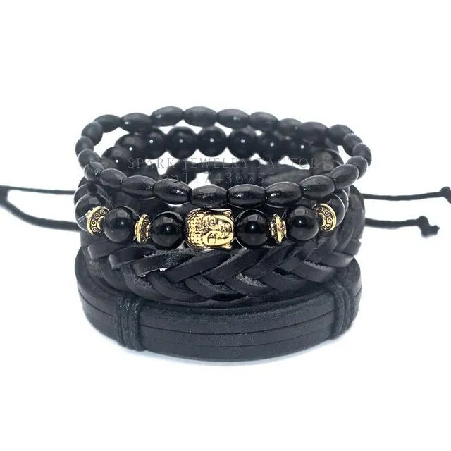 1 Set Black Bamboo Wood Onyx Lion Hamsa Buddha Skull Leather Bracelet