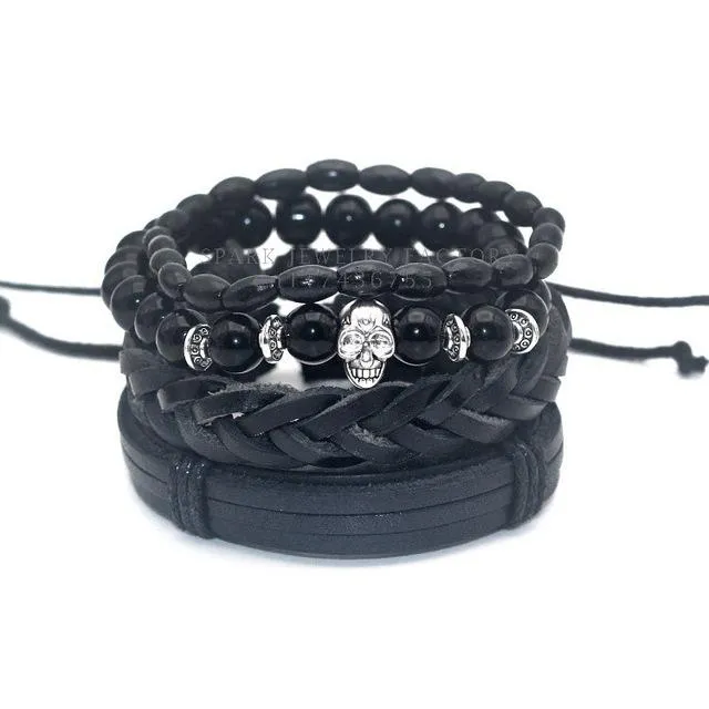 1 Set Black Bamboo Wood Onyx Lion Hamsa Buddha Skull Leather Bracelet