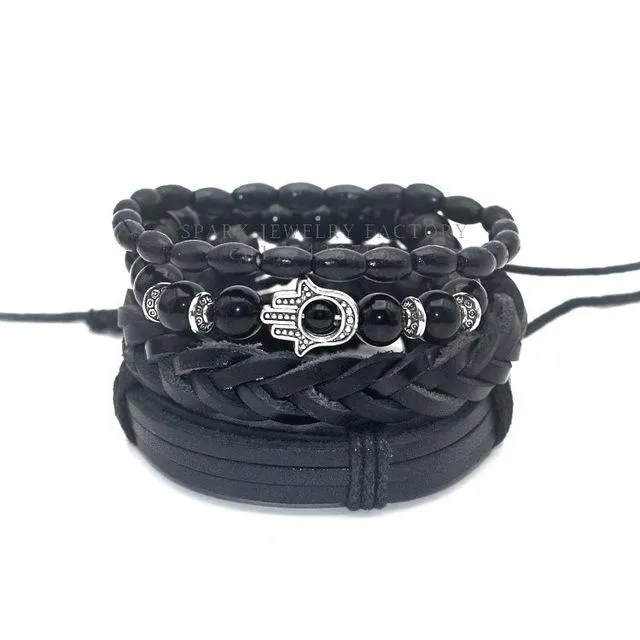 1 Set Black Bamboo Wood Onyx Lion Hamsa Buddha Skull Leather Bracelet