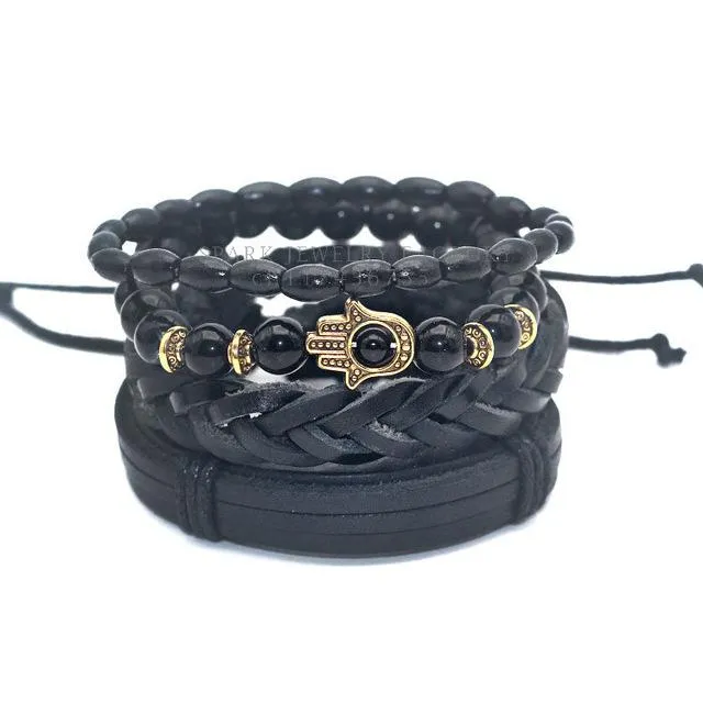 1 Set Black Bamboo Wood Onyx Lion Hamsa Buddha Skull Leather Bracelet