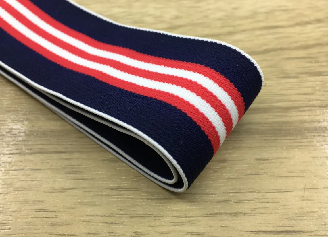 1.5 inch (40mm) Wide Colored Plush Blue,Red and White Thin Stripe Soft Elastic Band