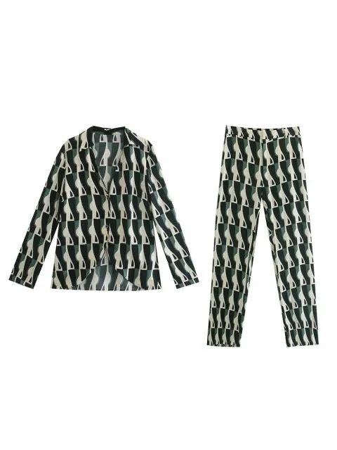 2023 Chic Geometric Print Vintage Women Suits V Neck Oversized Shirts   Matching Loose Pants