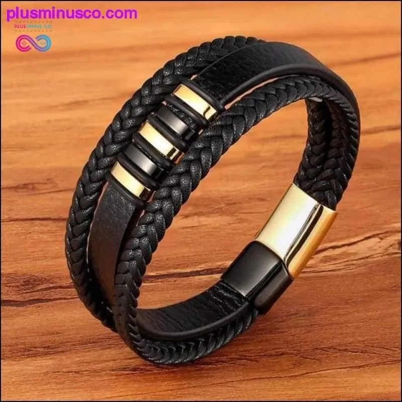 3 Layers Black Gold Punk Style Design Genuine Leather