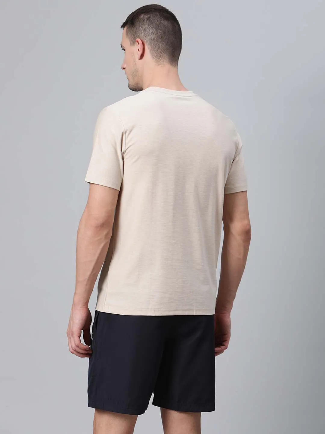 Alcis Men Beige Solid Round Neck T-shirt