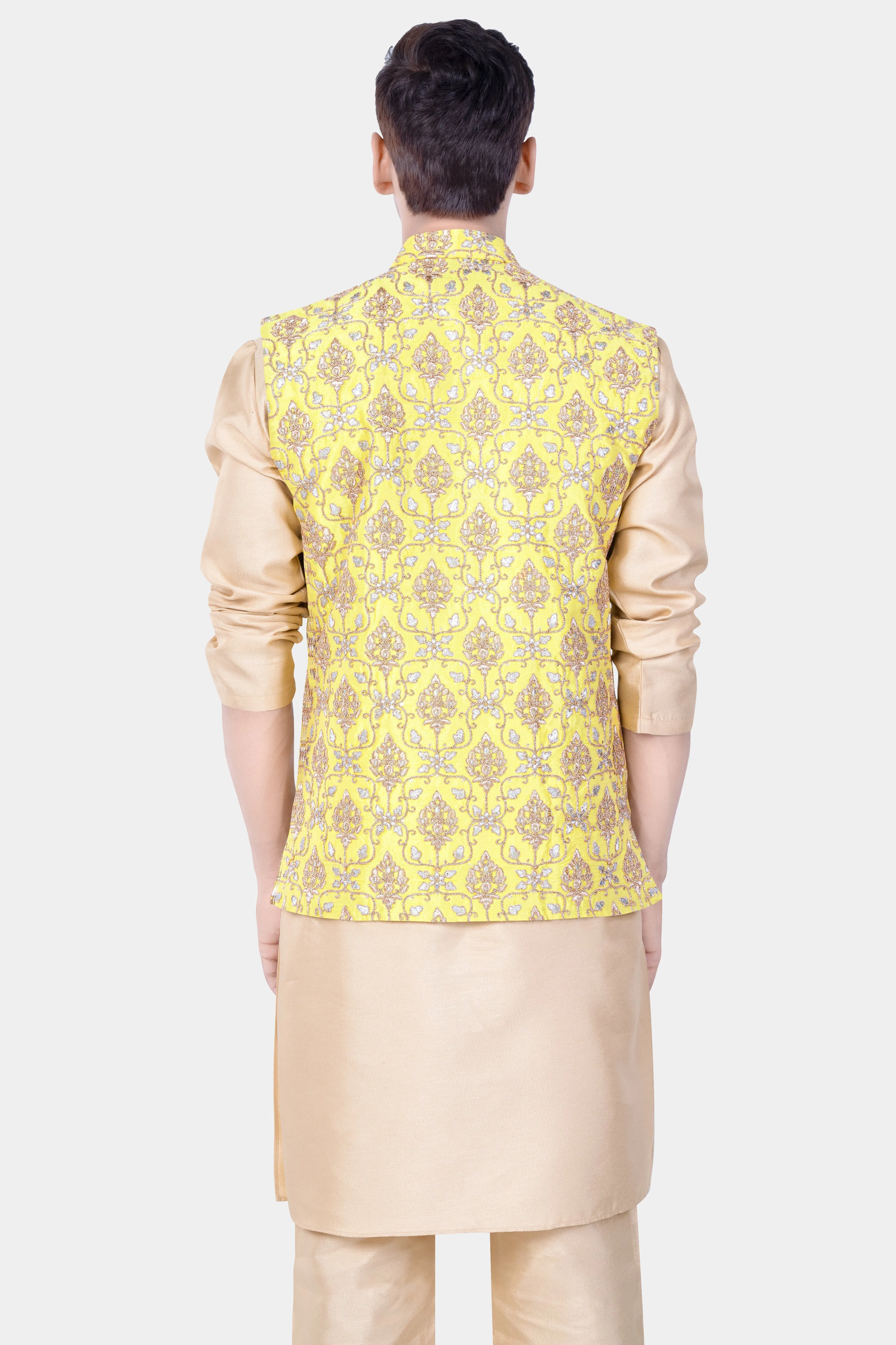 Almond Brown Kurta Set With Marigold Yellow And Quicksand Brown Thread Embroidered Nehru Jacket