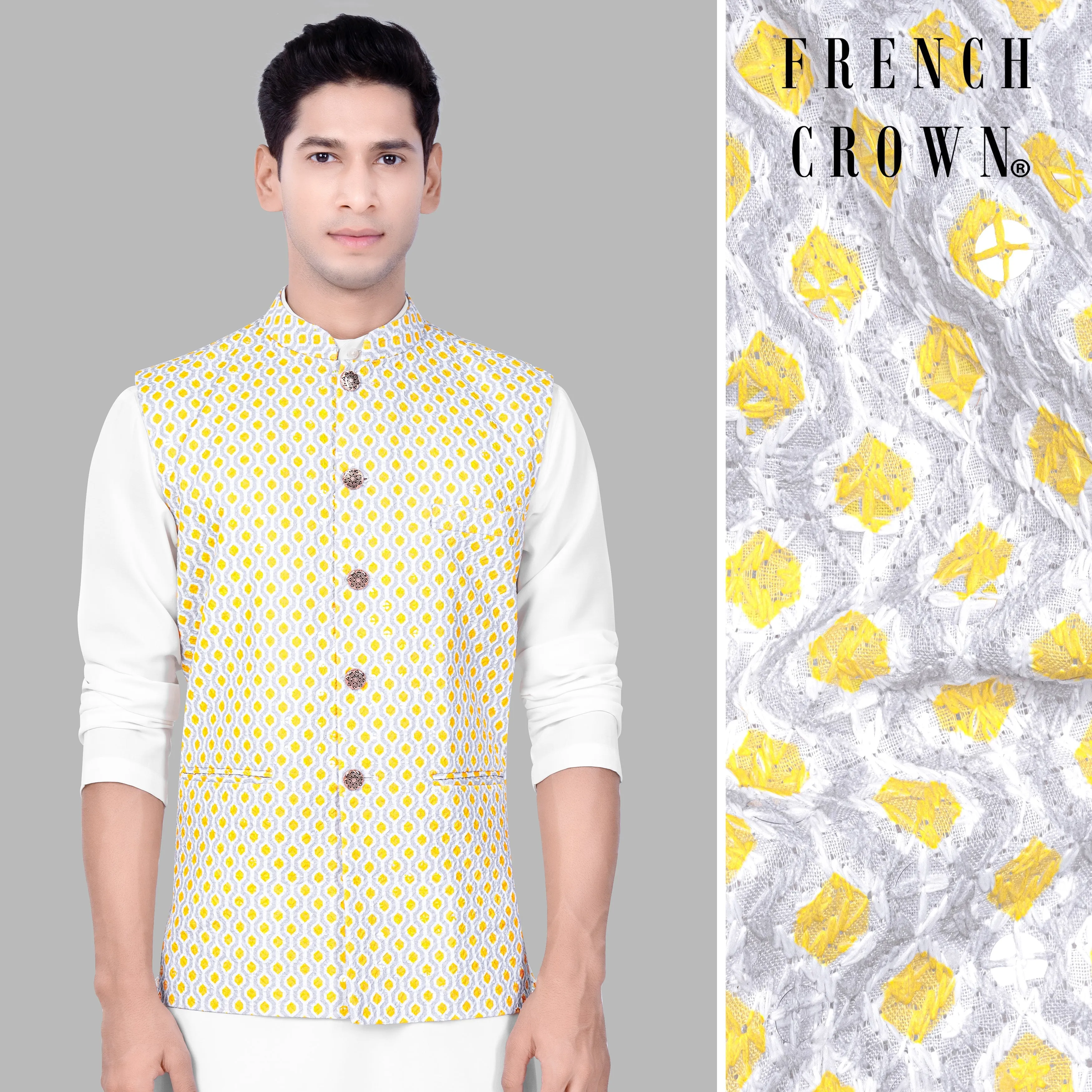 Arylide Yellow And Ghost Gray Designer Embroidered Nehru Jacket