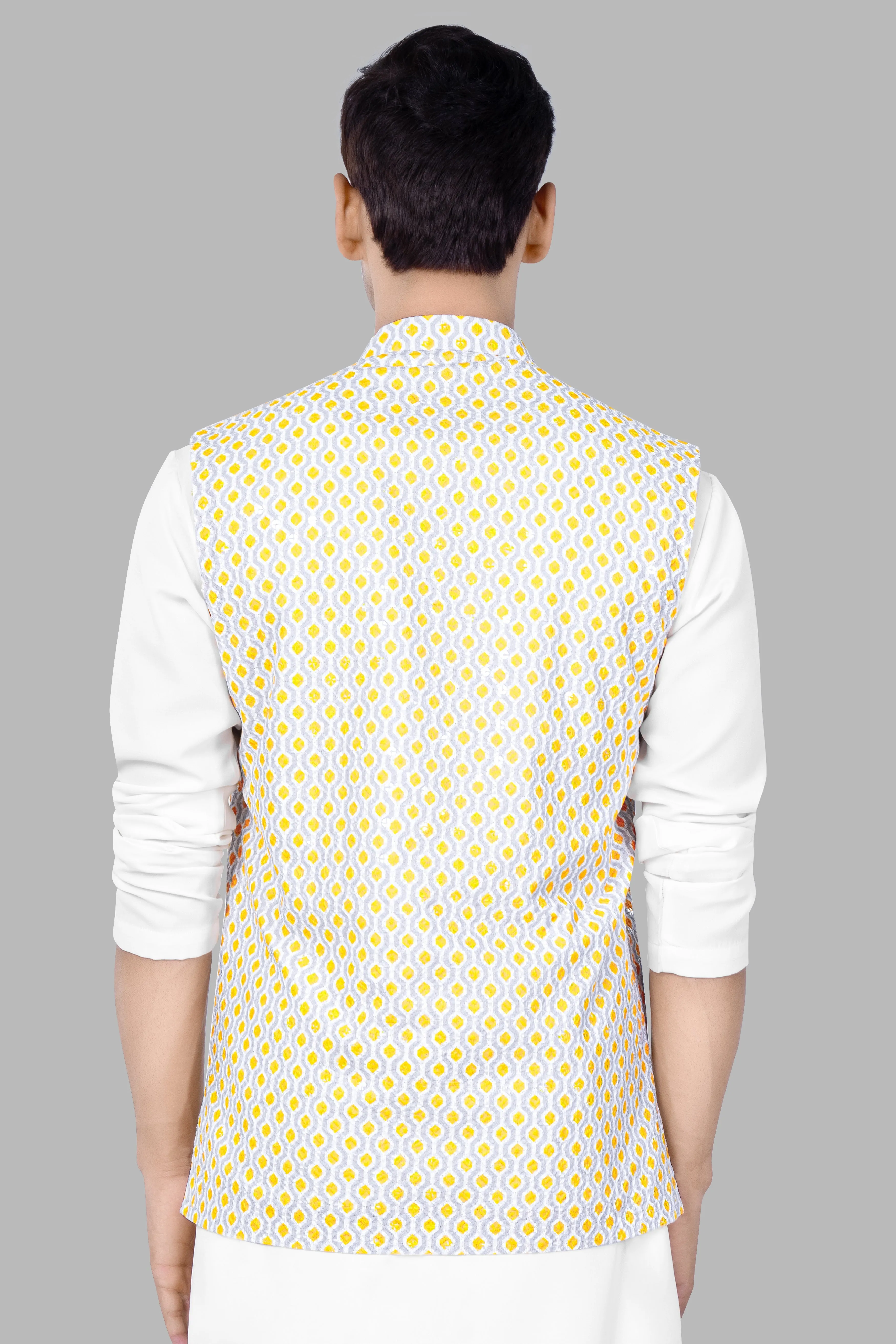 Arylide Yellow And Ghost Gray Designer Embroidered Nehru Jacket