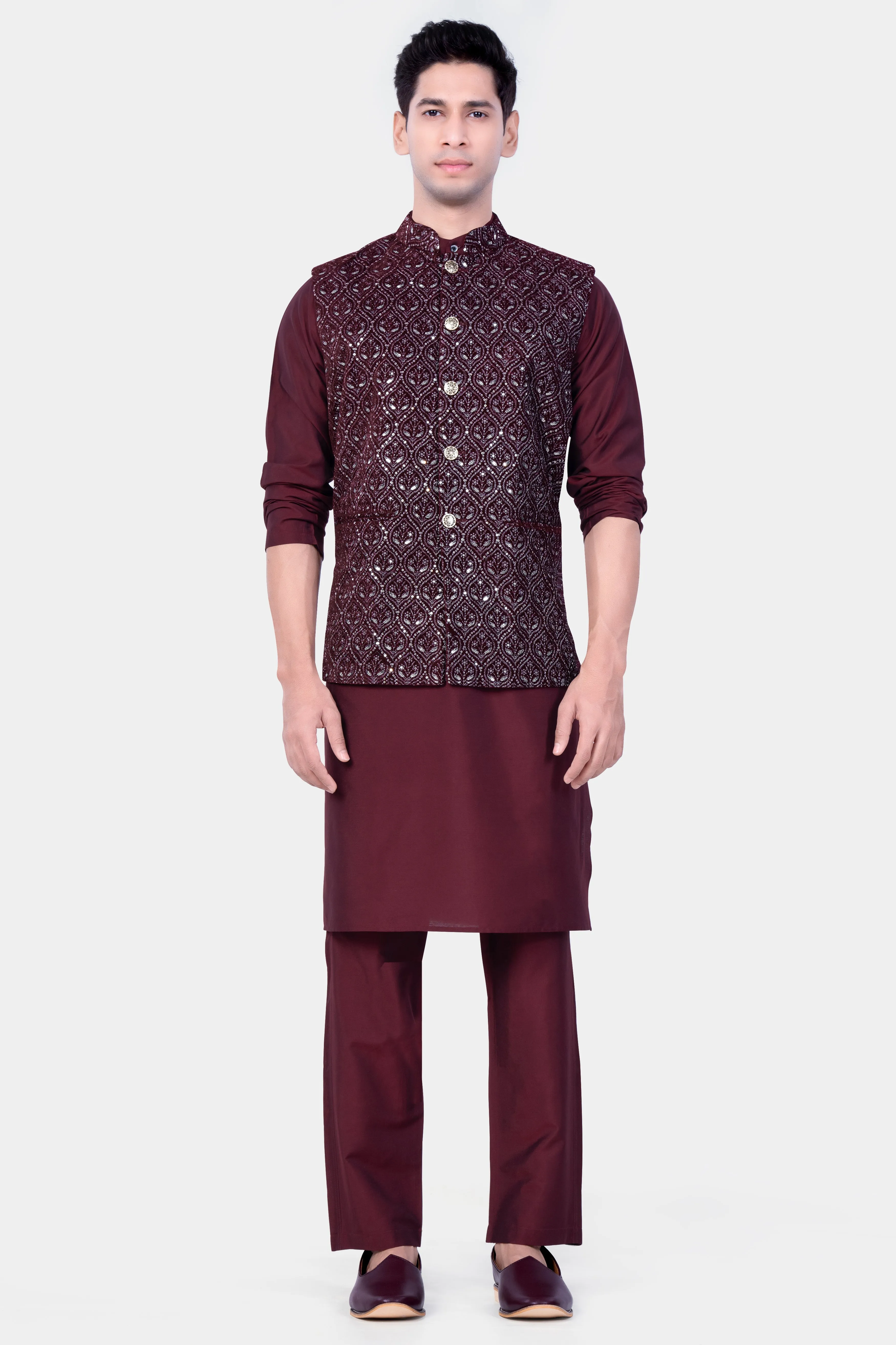 Aubergine Maroon With Sequins And Thread Embroidered Nehru Jacket