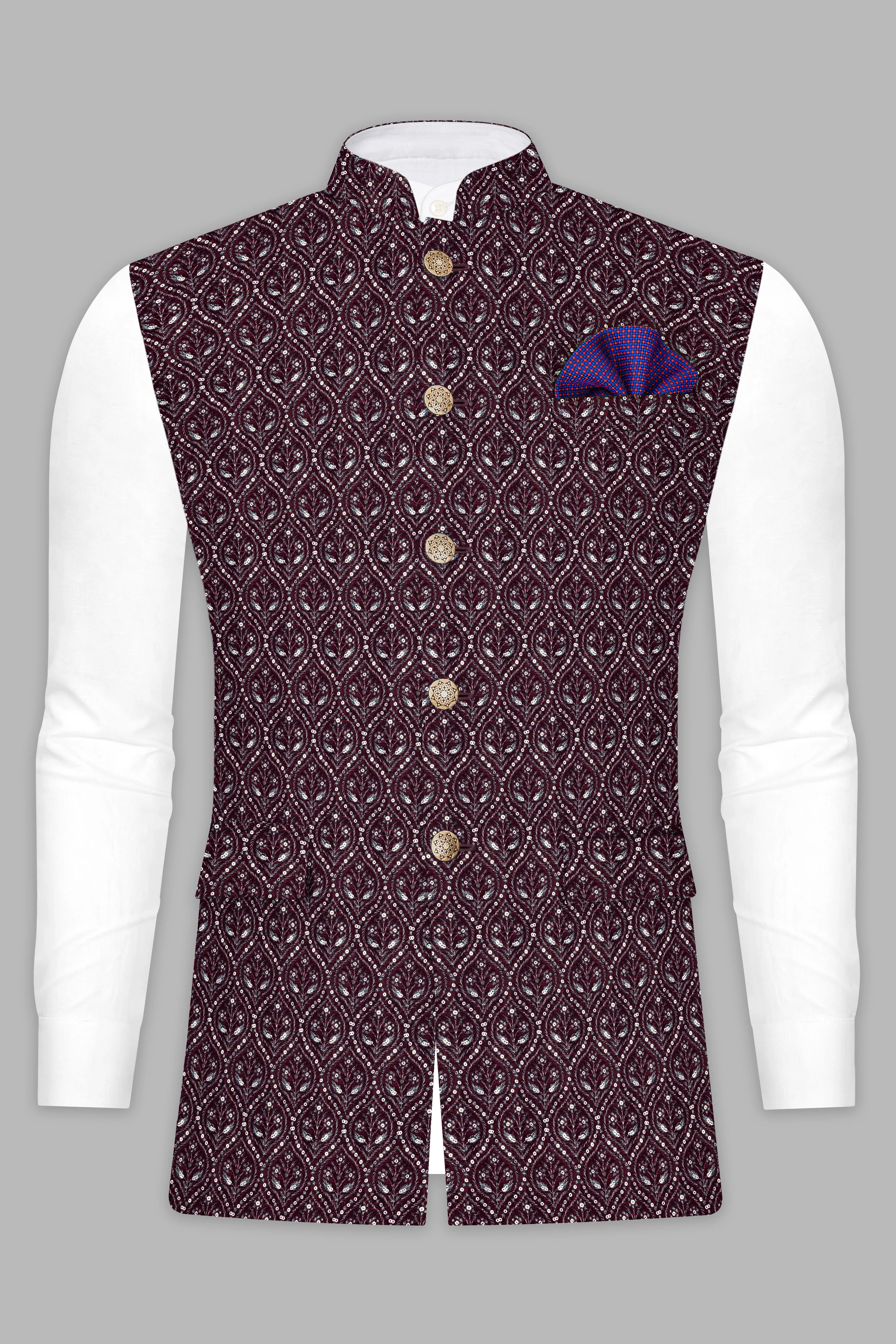 Aubergine Maroon With Sequins And Thread Embroidered Nehru Jacket