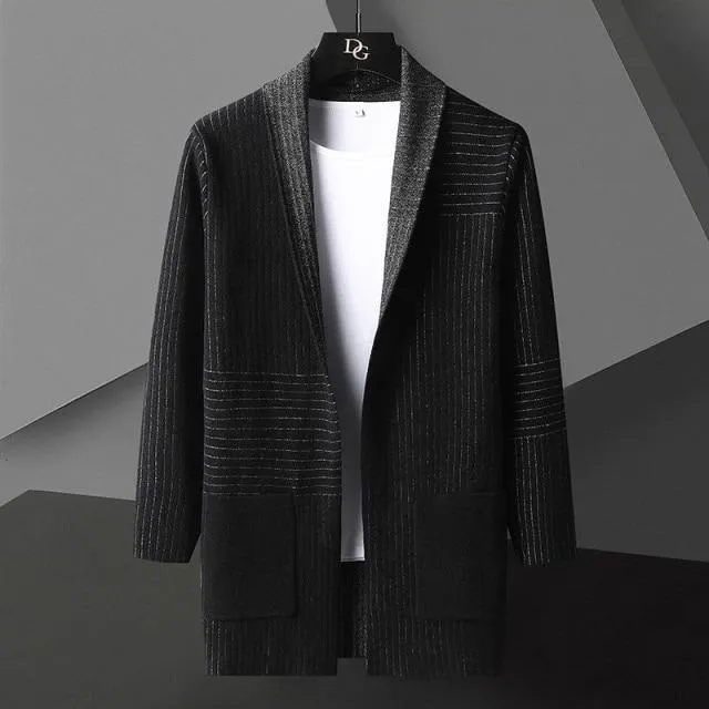 Autumn Casual Fashion Men's Striped O-Neck Knitted Long Cardigan Jacket