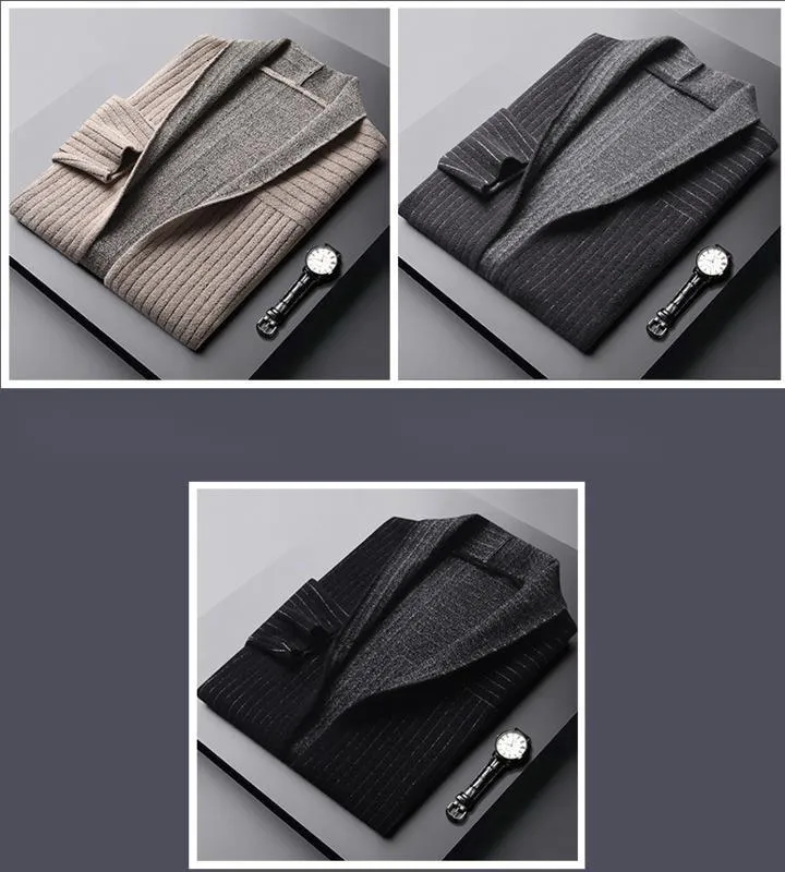 Autumn Casual Fashion Men's Striped O-Neck Knitted Long Cardigan Jacket