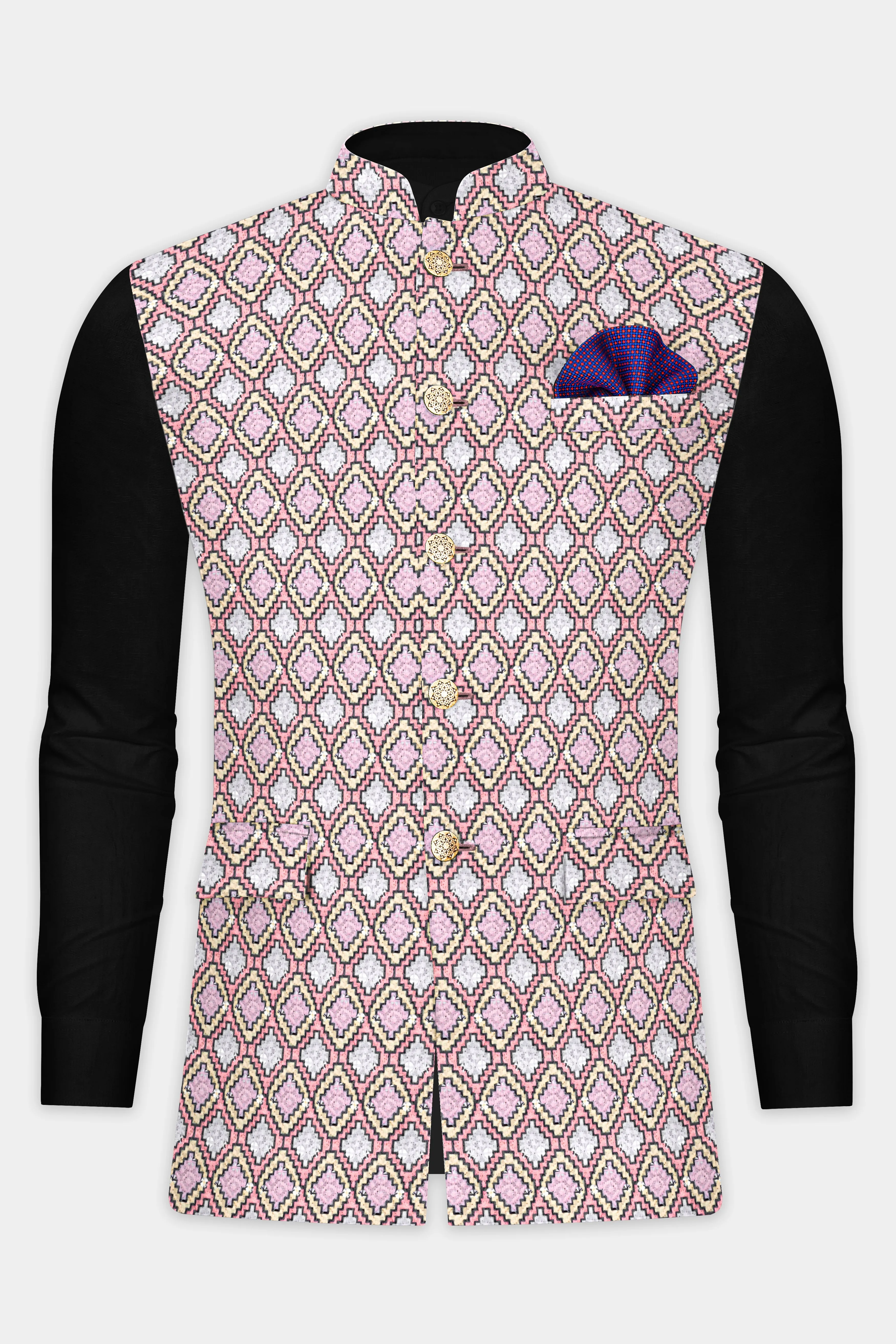 Azalea Pink And Astra Yellow MultiColour Designer Embroidered Nehru Jacket