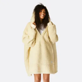 Sure! The optimized title for this e-commerce product could be Cozy Beige Sherpa HappyHoodie.