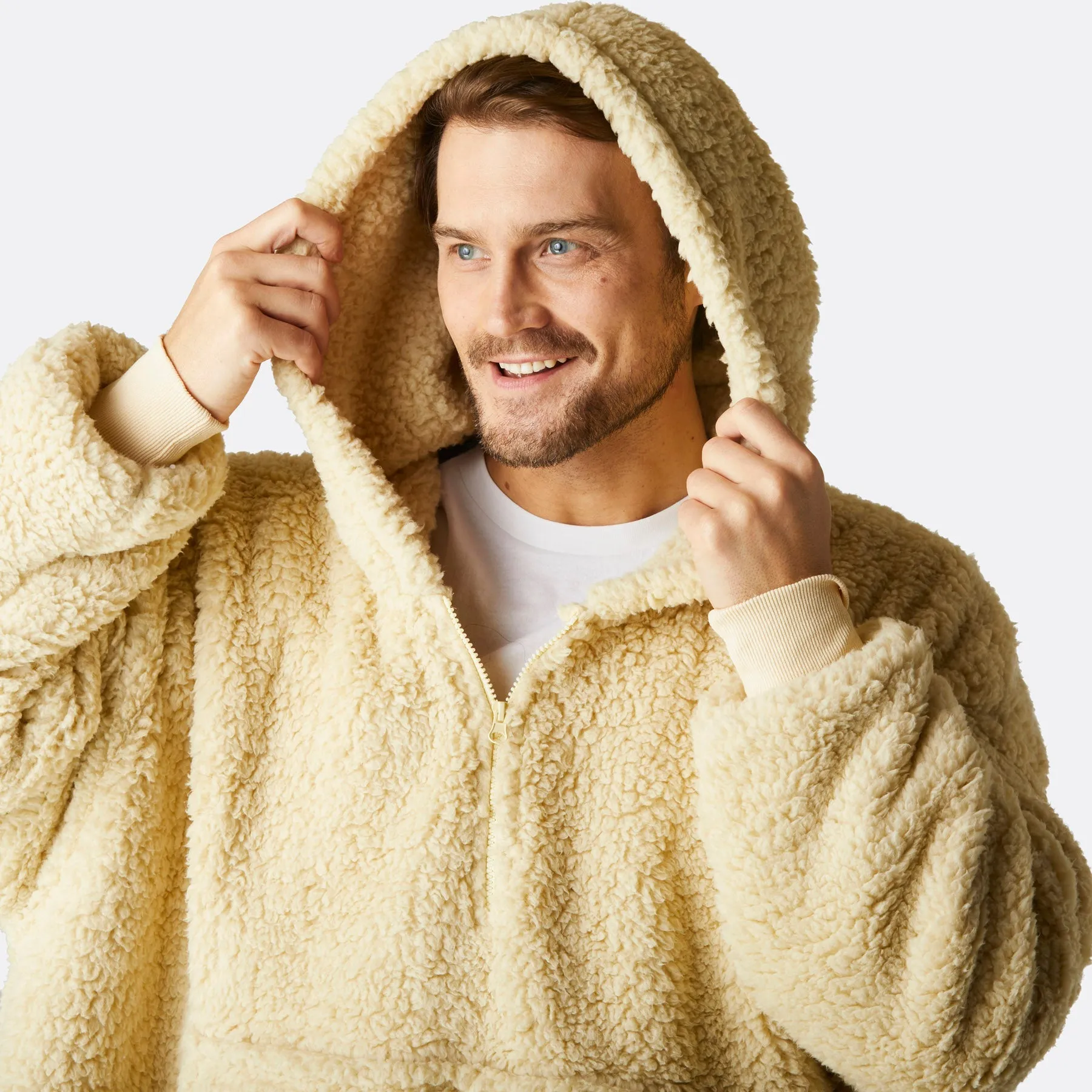 Sure! The optimized title for this e-commerce product could be Cozy Beige Sherpa HappyHoodie.