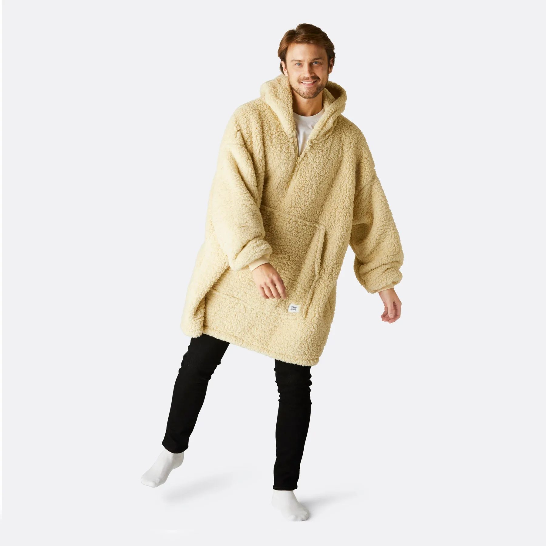 Sure! The optimized title for this e-commerce product could be Cozy Beige Sherpa HappyHoodie.