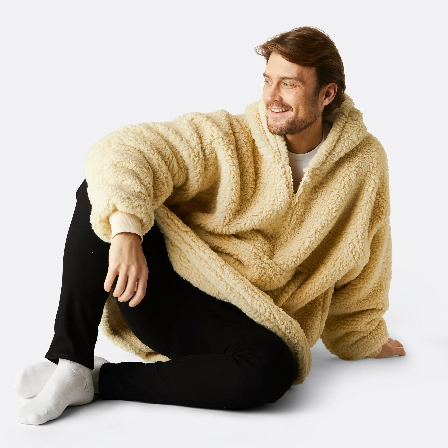 Sure! The optimized title for this e-commerce product could be Cozy Beige Sherpa HappyHoodie.