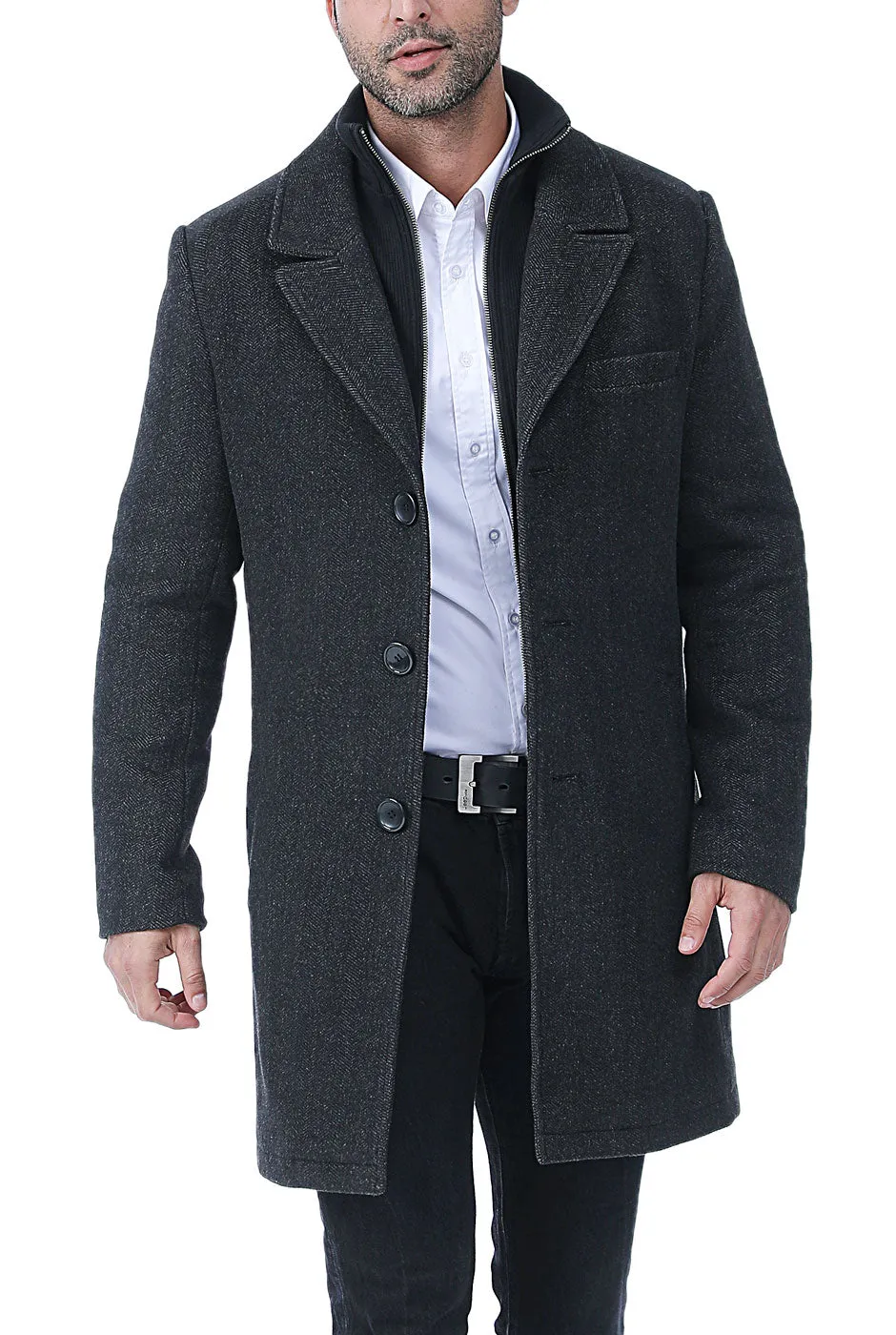 BGSD Men Leon Herringbone Wool Blend Coat with Removable Bib