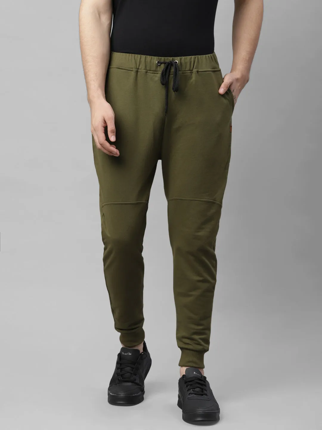 Black and Olive Green Pack of 2 Cut & Sew Ankle Length Regular Fit Terry Jogger