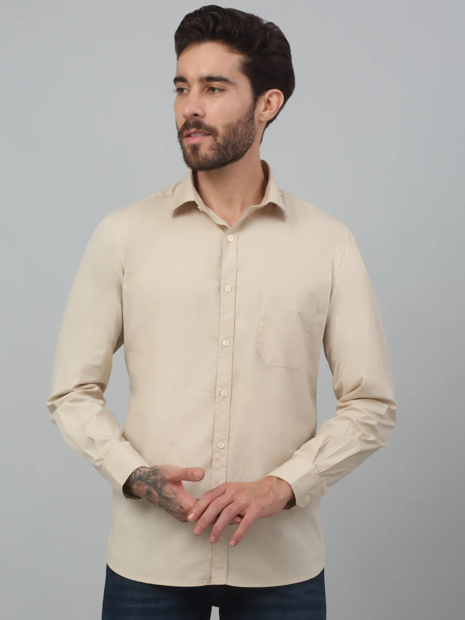 Cantabil Beige Solid Full Sleeve Casual Stretchable Shirt For Men