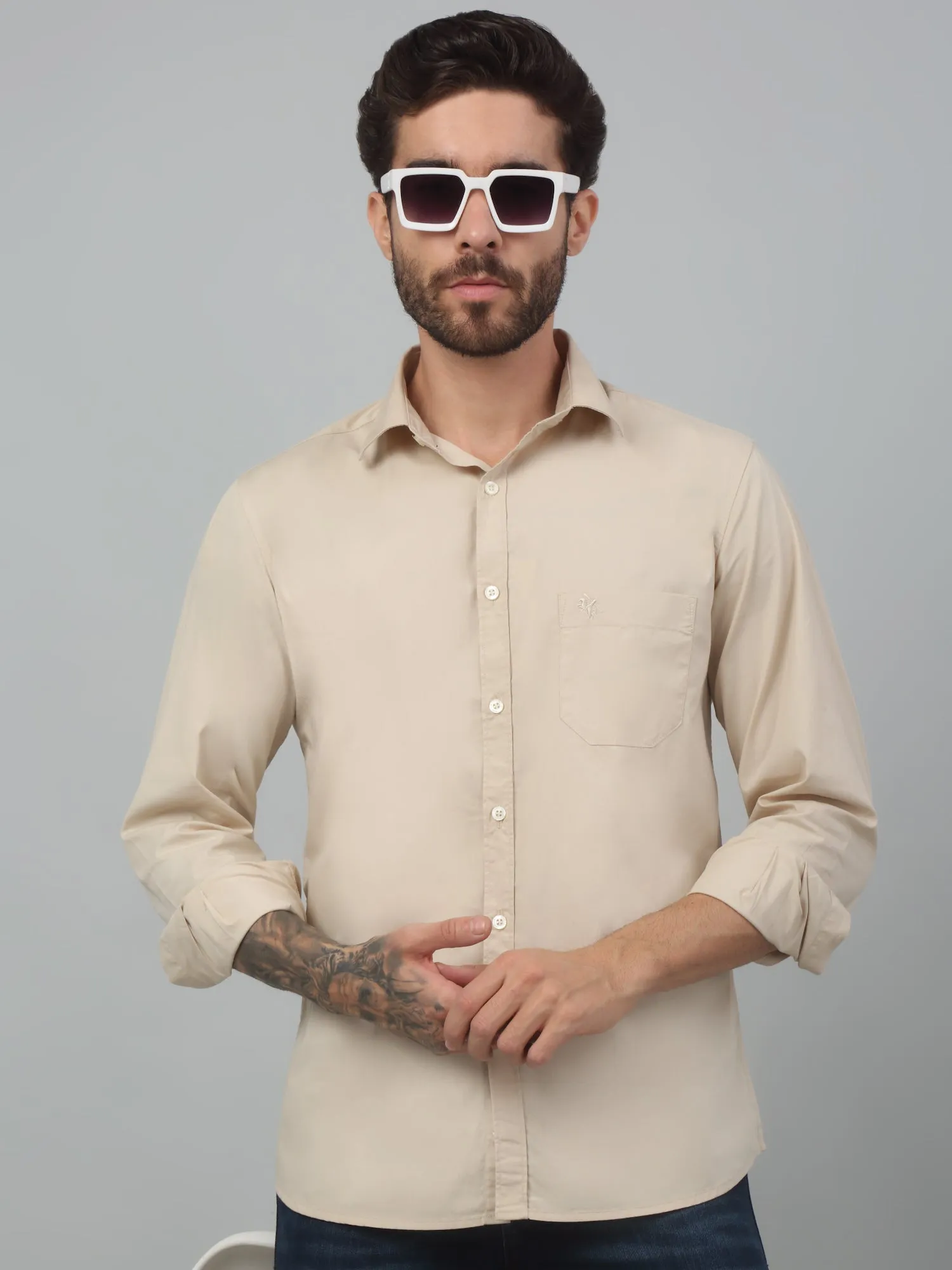 Cantabil Beige Solid Full Sleeve Casual Stretchable Shirt For Men