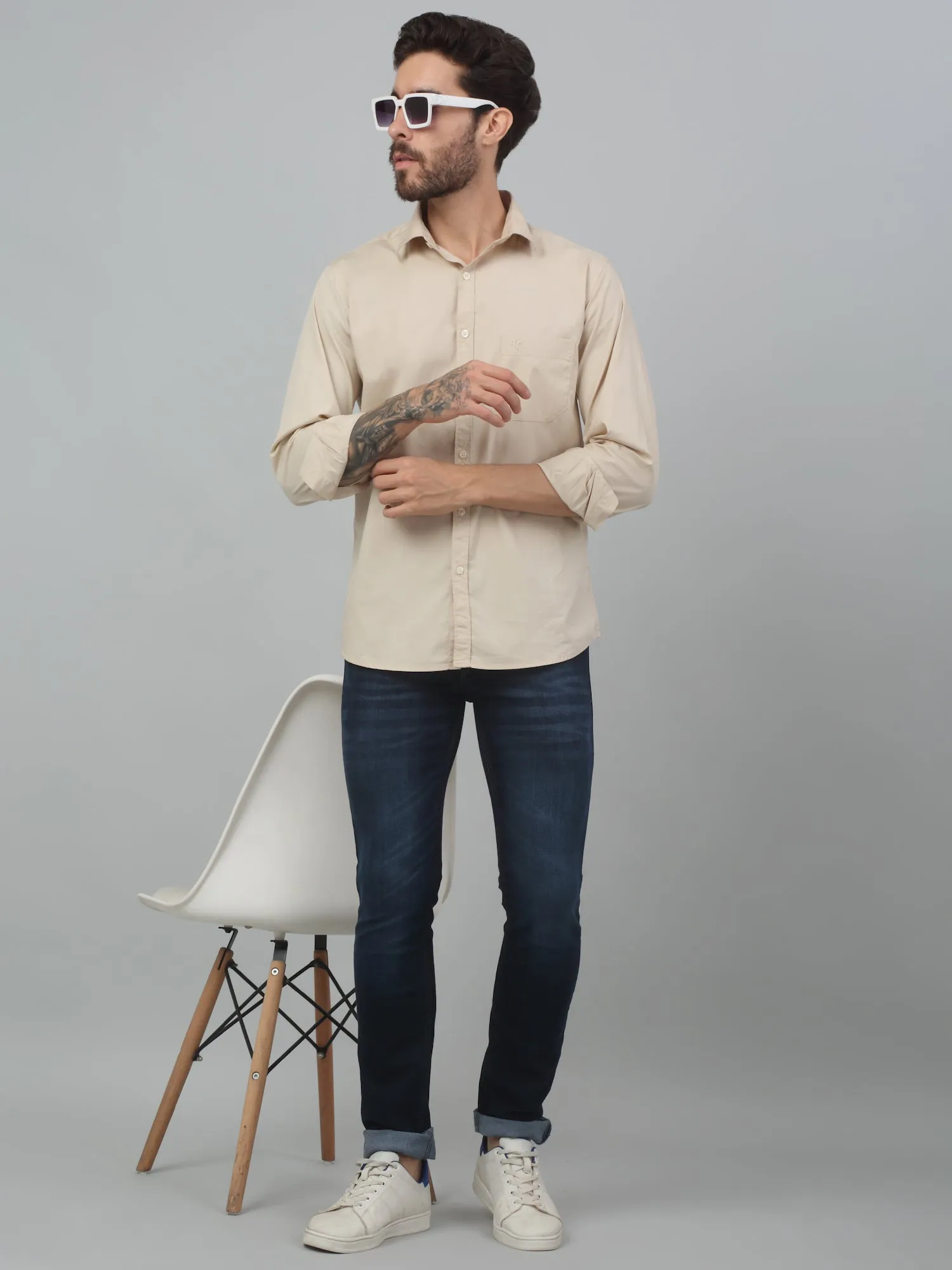 Cantabil Beige Solid Full Sleeve Casual Stretchable Shirt For Men