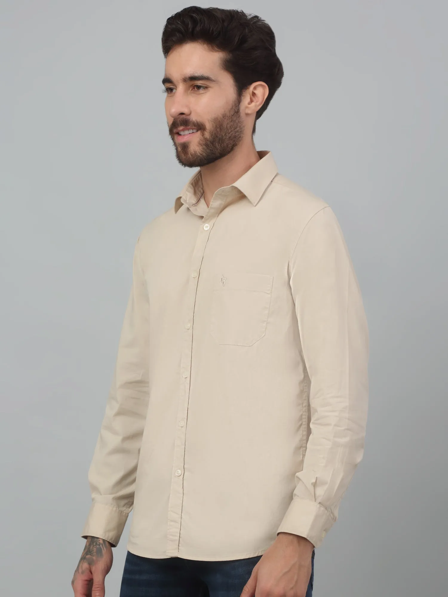 Cantabil Beige Solid Full Sleeve Casual Stretchable Shirt For Men