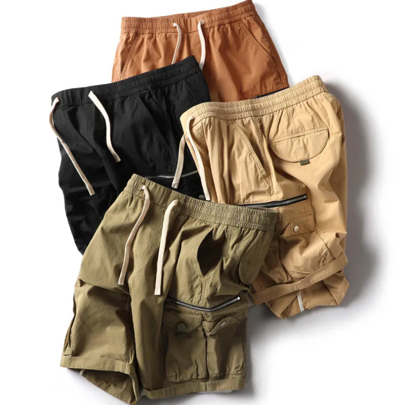 Casual Elastic Waist Multi-pocket Cotton Men's Shorts