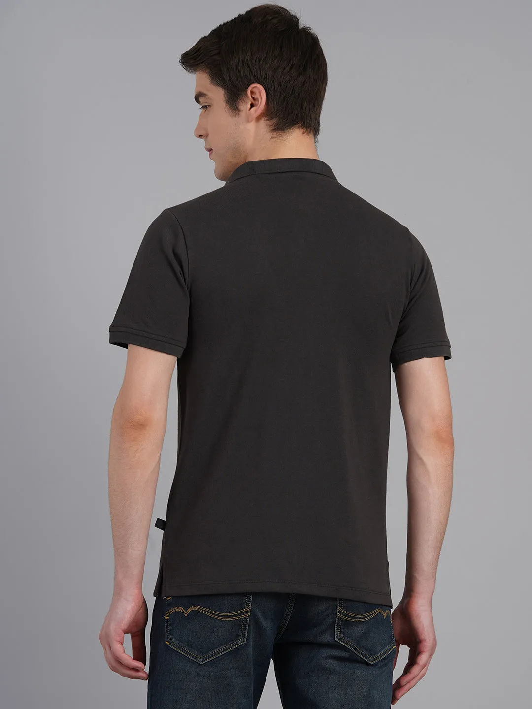 Charcoal Printed Polo Neck Half Sleeve T-Shirt