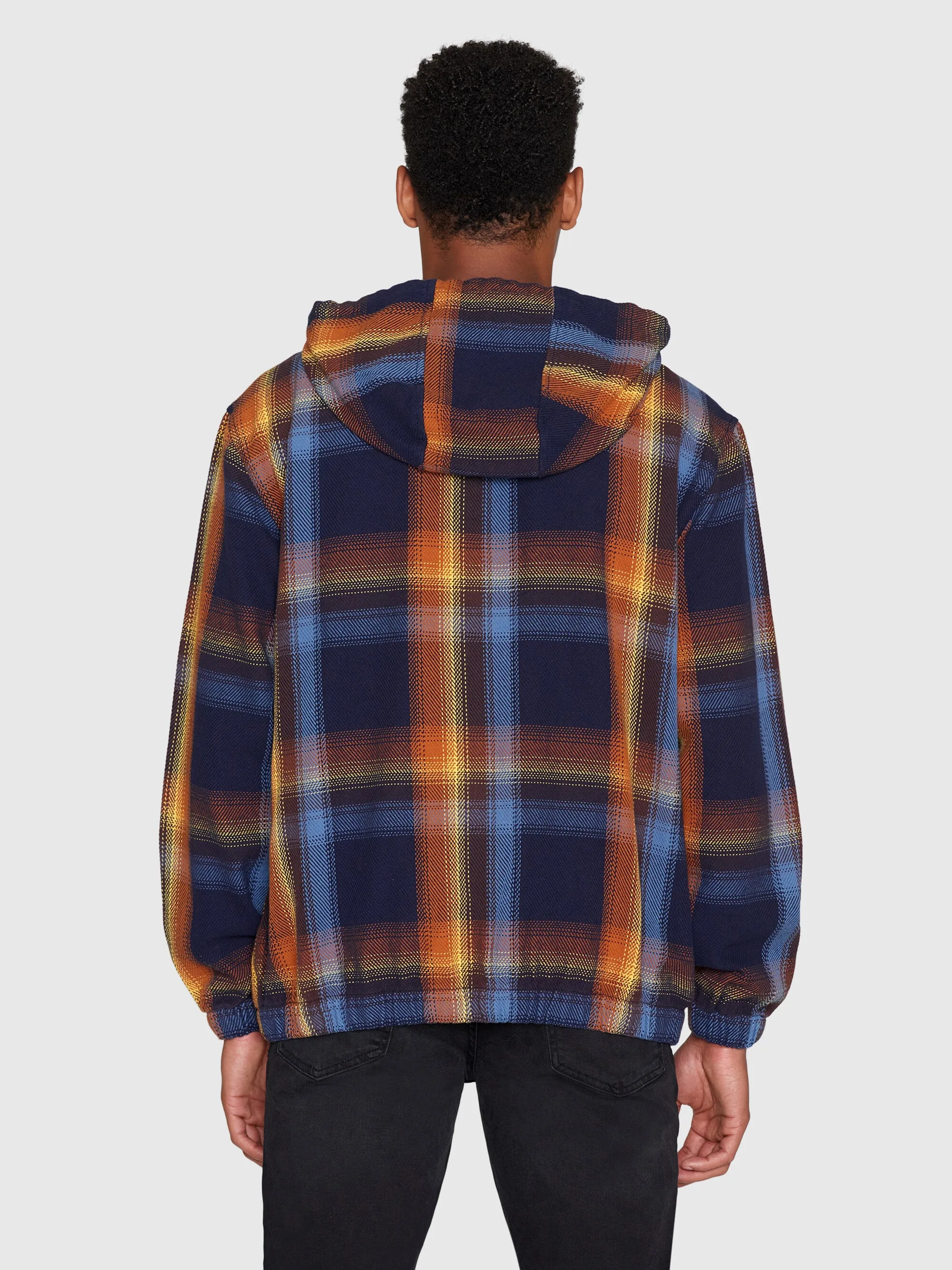 Checked hoodie twill zipper jacket -GOTS/Vegan - blue check