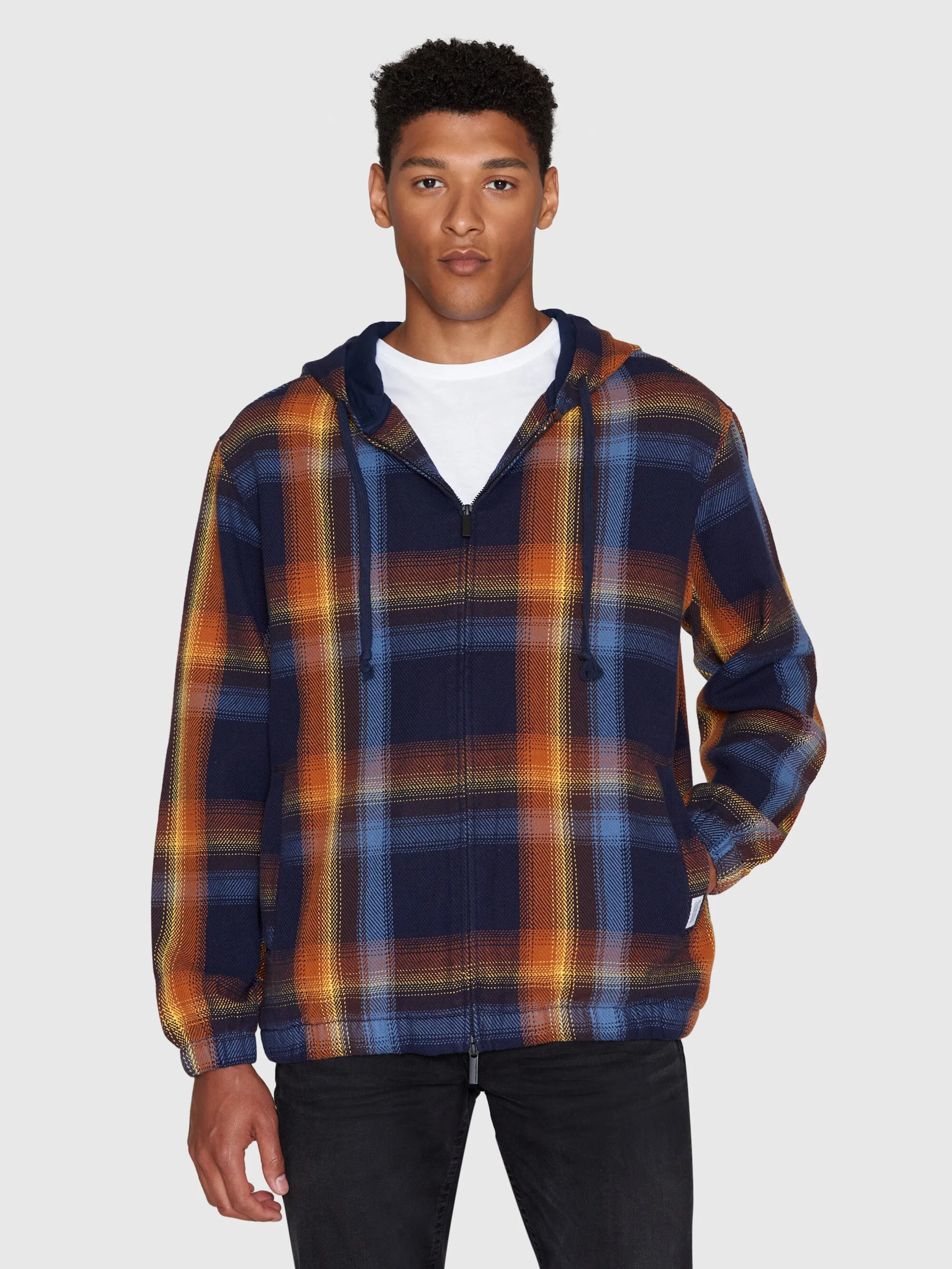 Checked hoodie twill zipper jacket -GOTS/Vegan - blue check