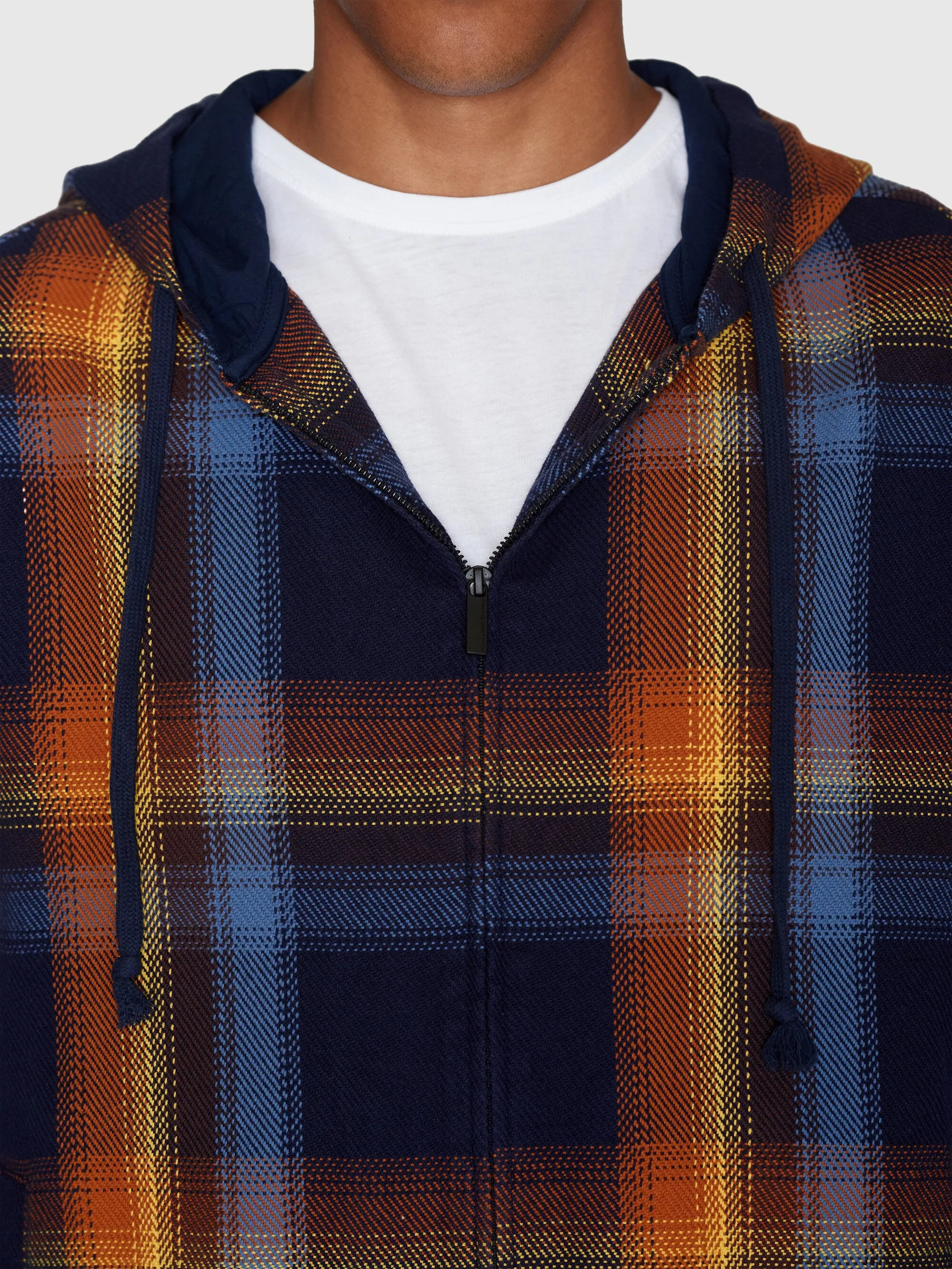 Checked hoodie twill zipper jacket -GOTS/Vegan - blue check