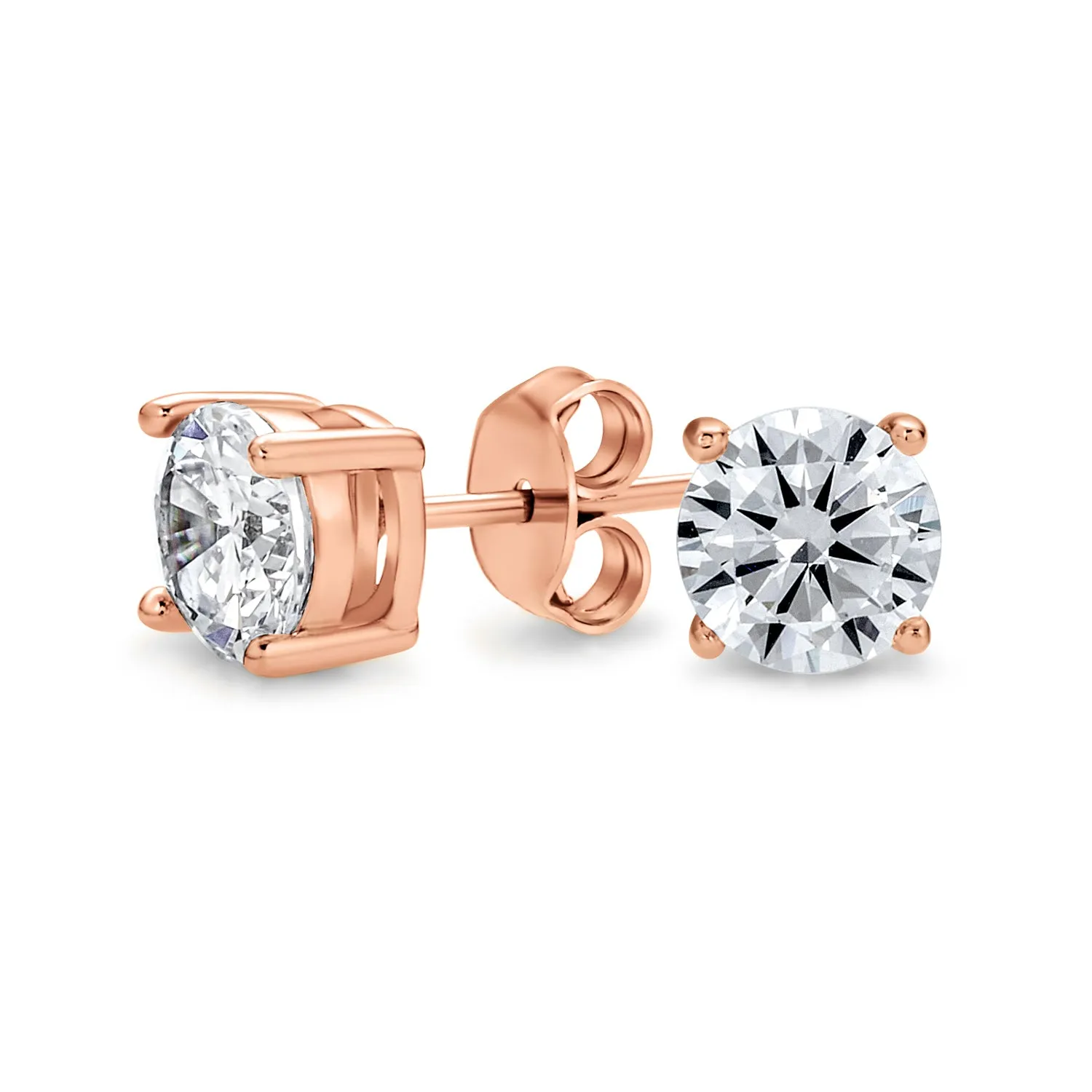 Classic CZ Solitaire Stud Earrings Sterling Silver Rose Yellow Gold Plated 5-10MM