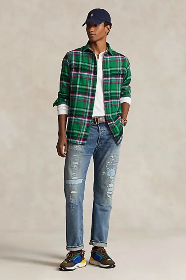 Classic Fit Suede-Patch Plaid Workshirt