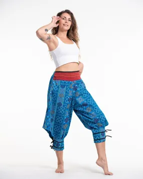 Clovers Thai Hill Tribe Fabric Women's Harem Pants with Ankle Straps in Light Blue