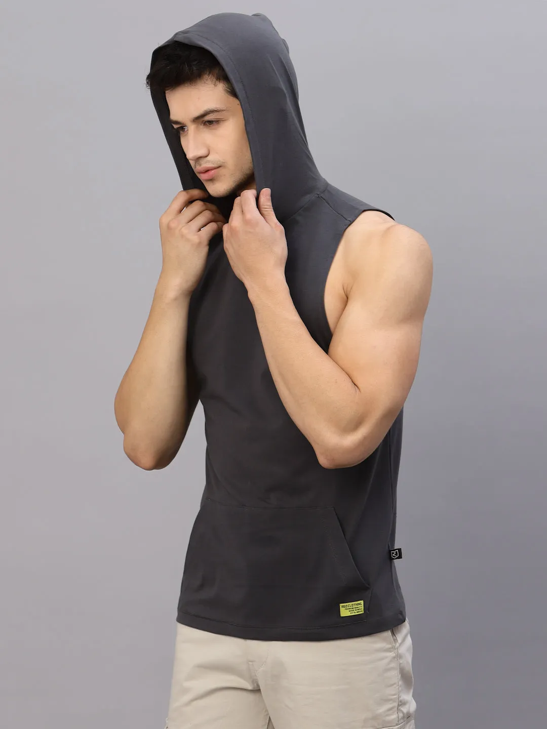 Dark Grey  Hooded With Kangaroo Pocket Sleeveless T-Shirt Vest