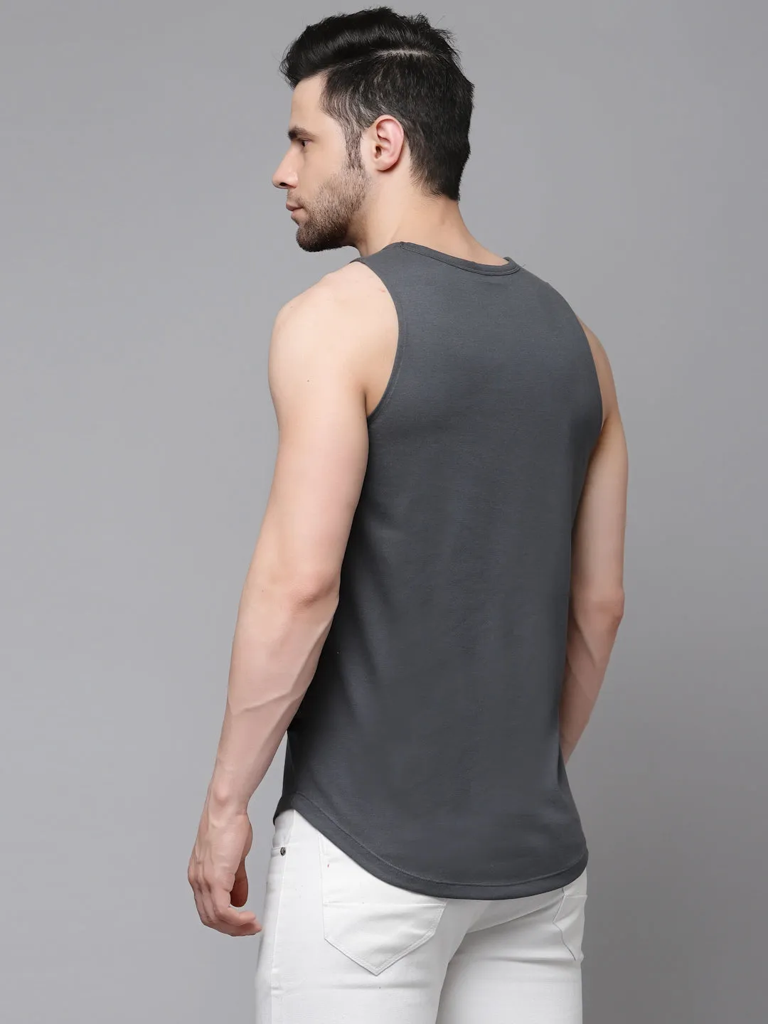 Dark Grey Placement Print Sleeveless T-Shirt Vest With Curved Bottom