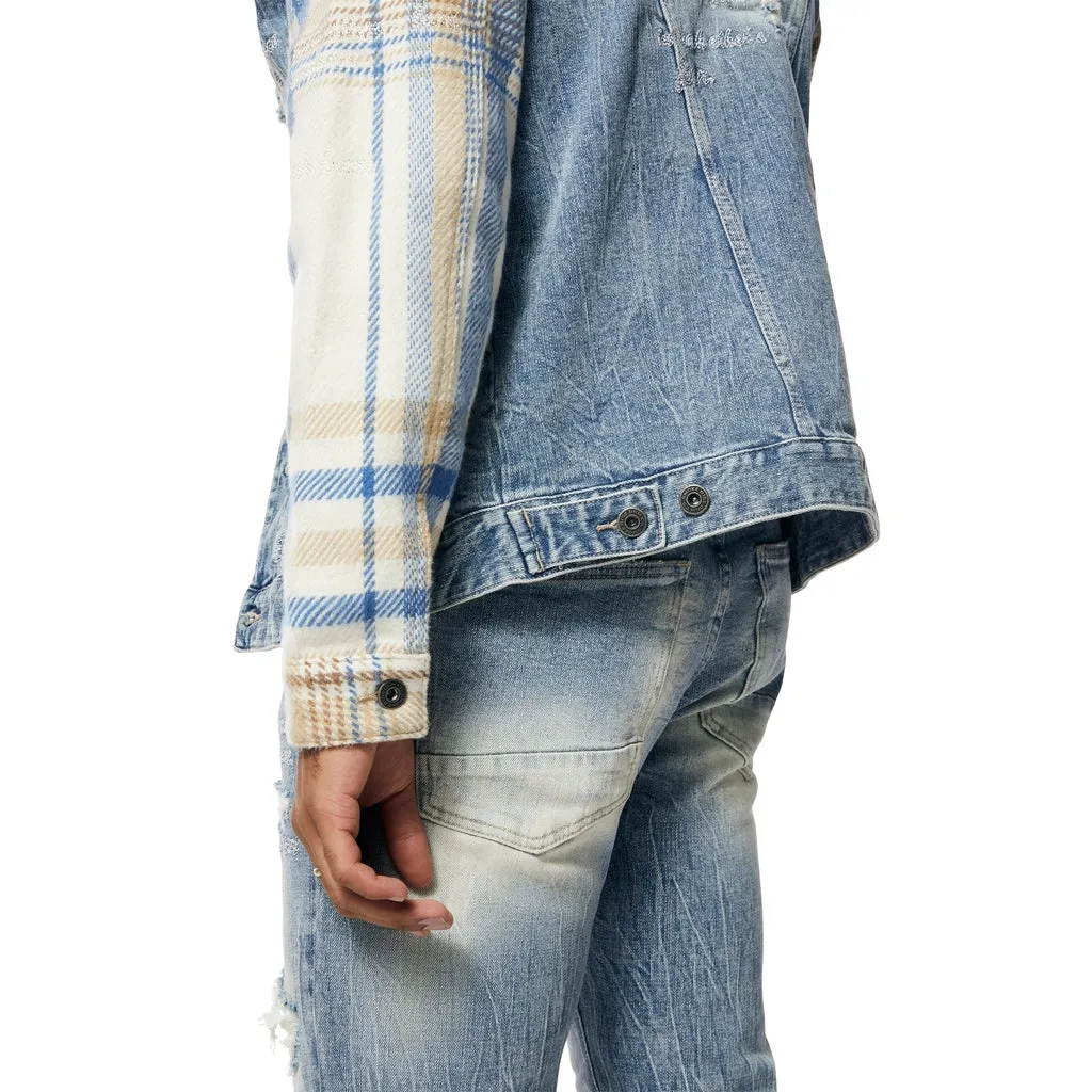 Embroidered Plaid Backed Jean Jacket - Lowell Blue