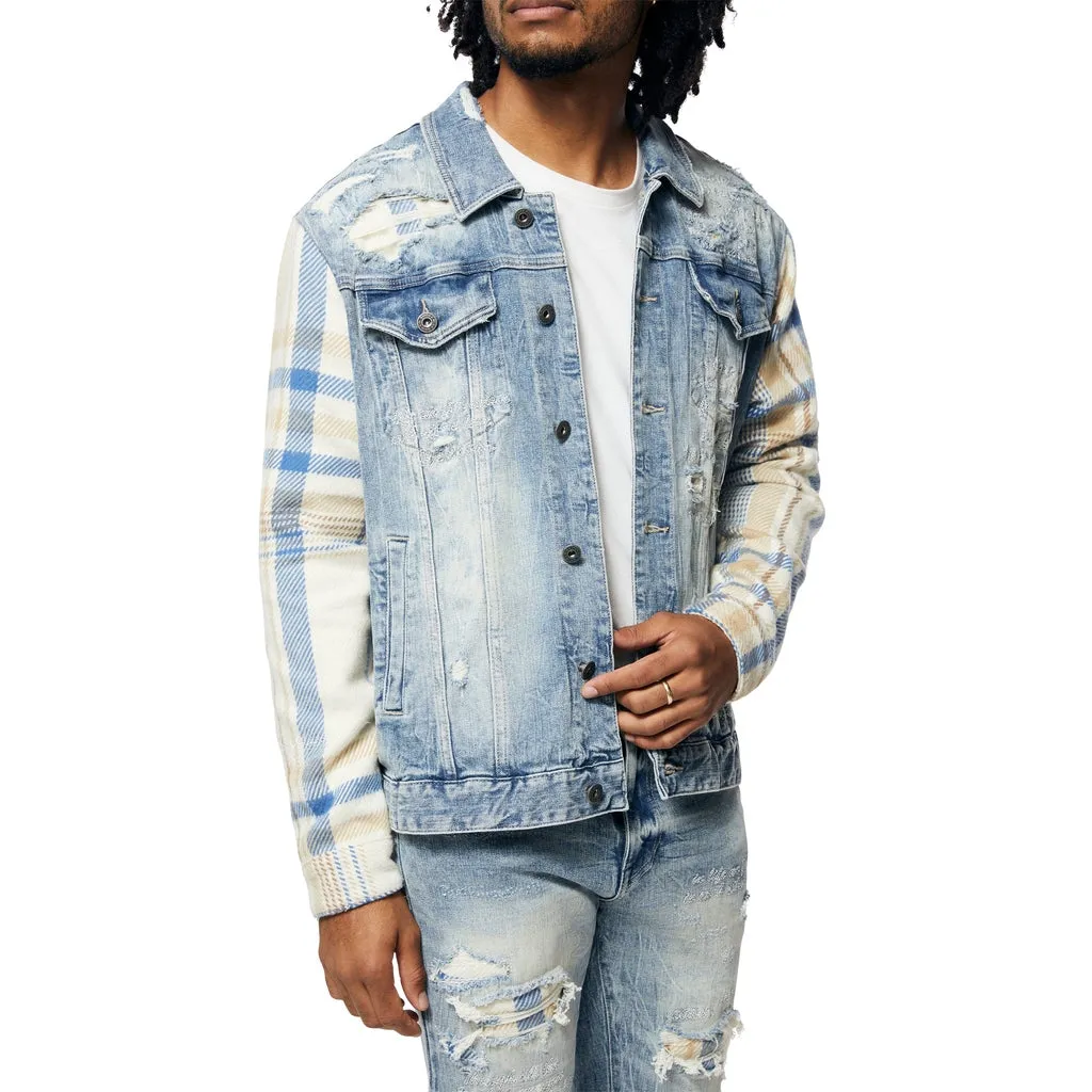 Embroidered Plaid Backed Jean Jacket - Lowell Blue