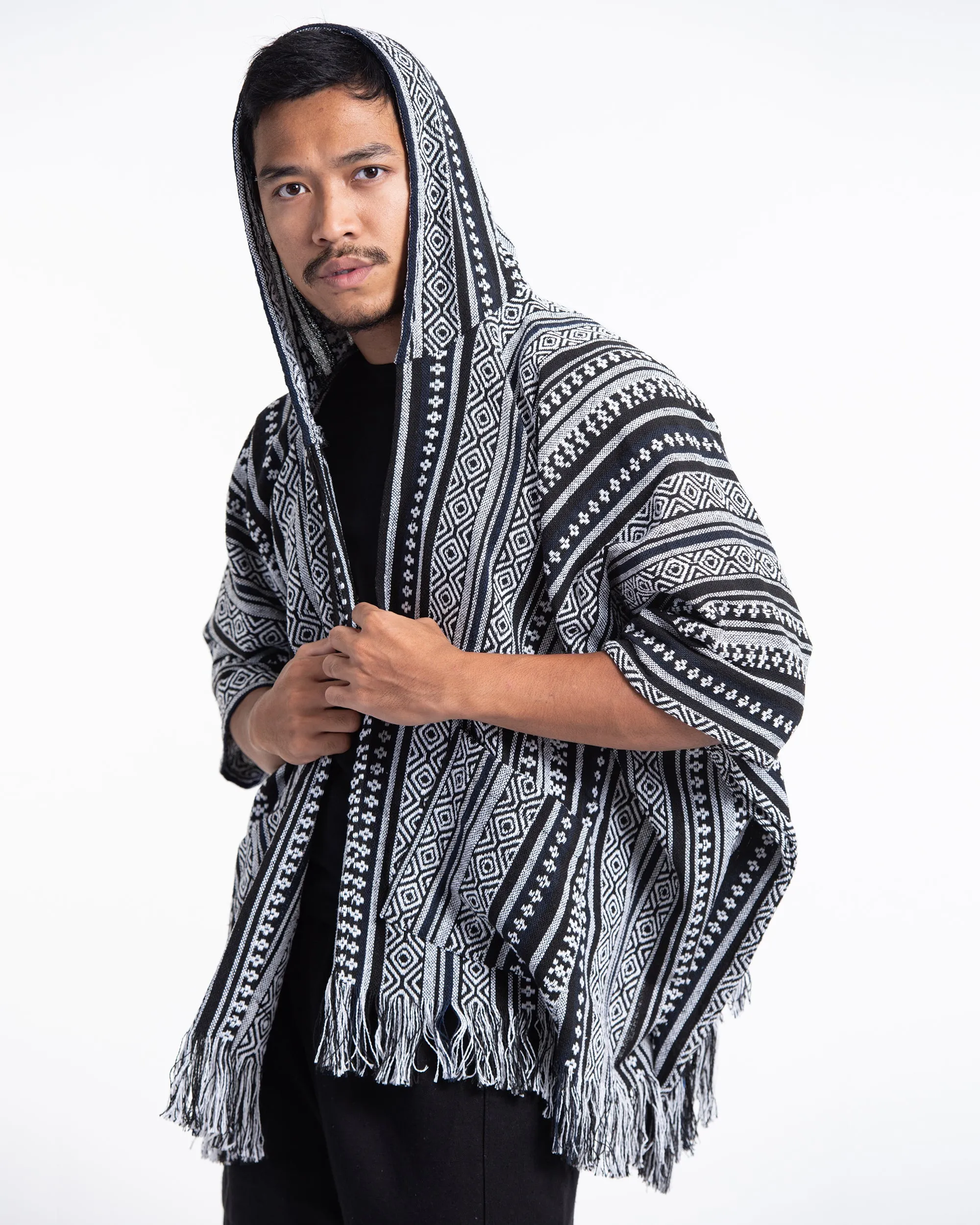 Hill Tribe Cotton Hooded Poncho Jacket in Black White