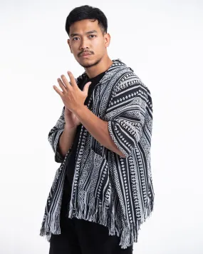 Hill Tribe Cotton Hooded Poncho Jacket in Black White