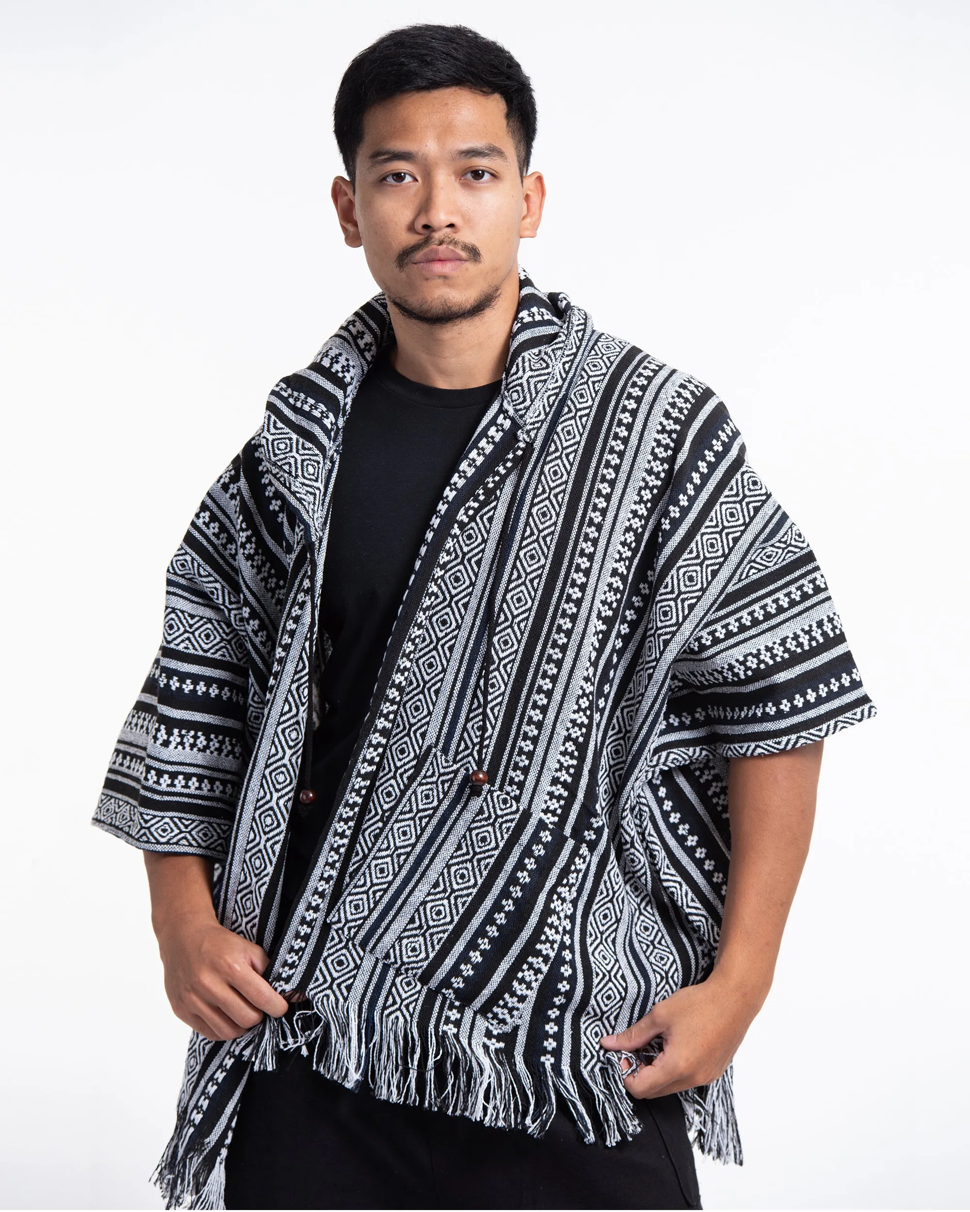 Hill Tribe Cotton Hooded Poncho Jacket in Black White