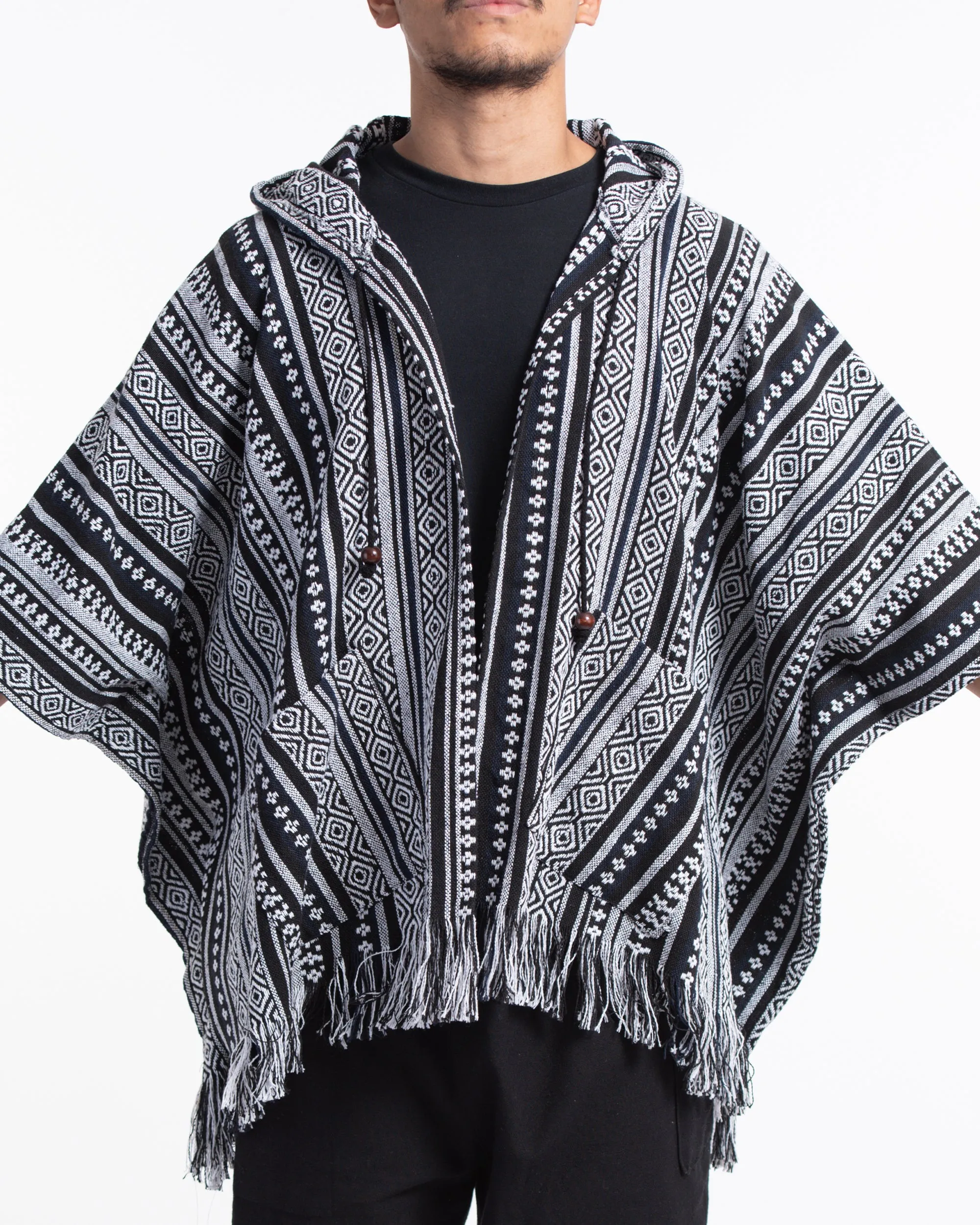 Hill Tribe Cotton Hooded Poncho Jacket in Black White