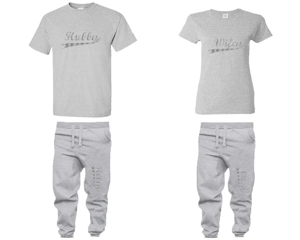 Hubby Wifey Couple Shirts and Jogger Pants, Silver Foil Design