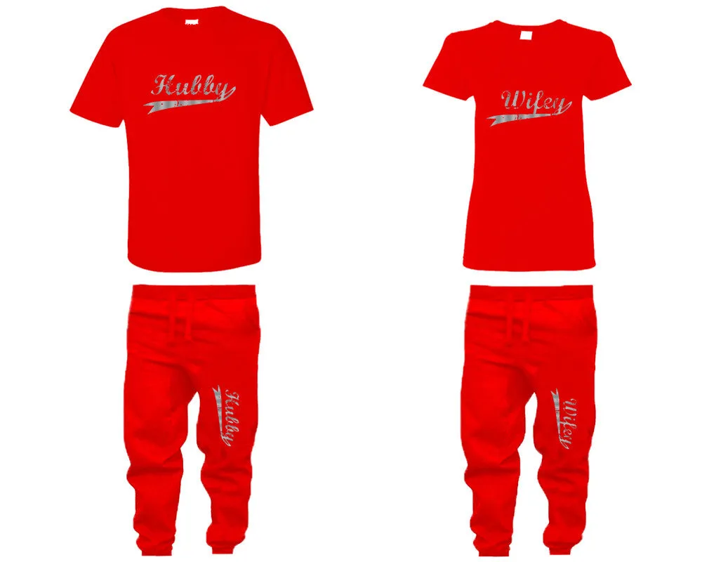 Hubby Wifey Couple Shirts and Jogger Pants, Silver Foil Design