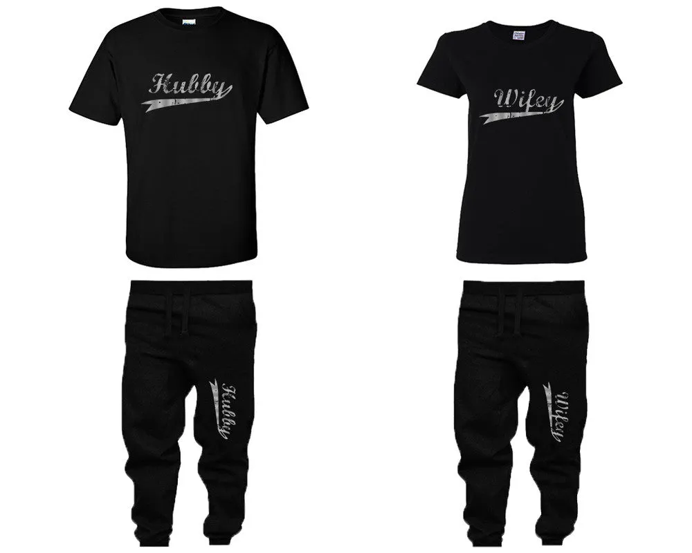 Hubby Wifey Couple Shirts and Jogger Pants, Silver Foil Design