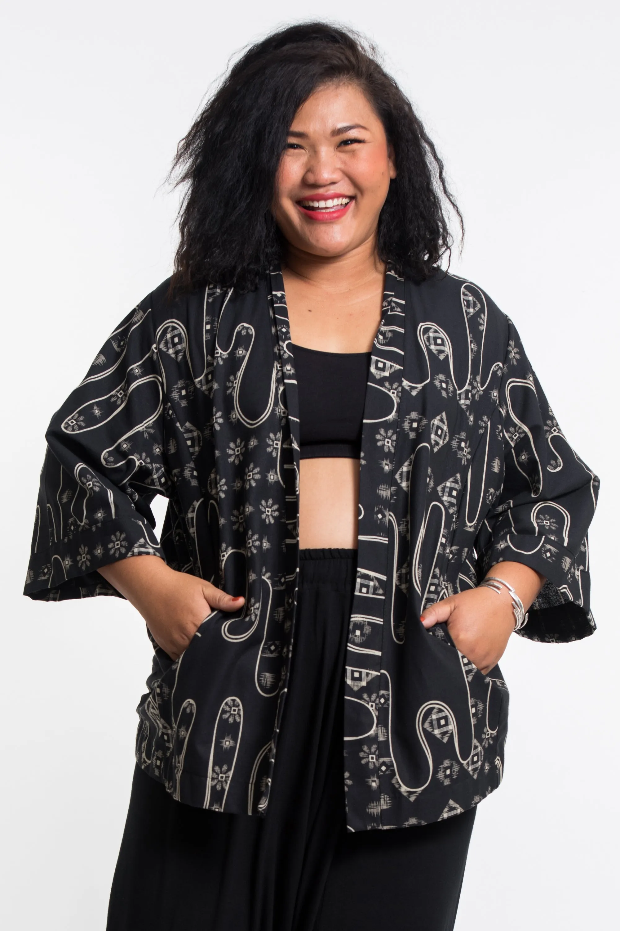 Japanese Print Cotton Kimono Cardigan in Black