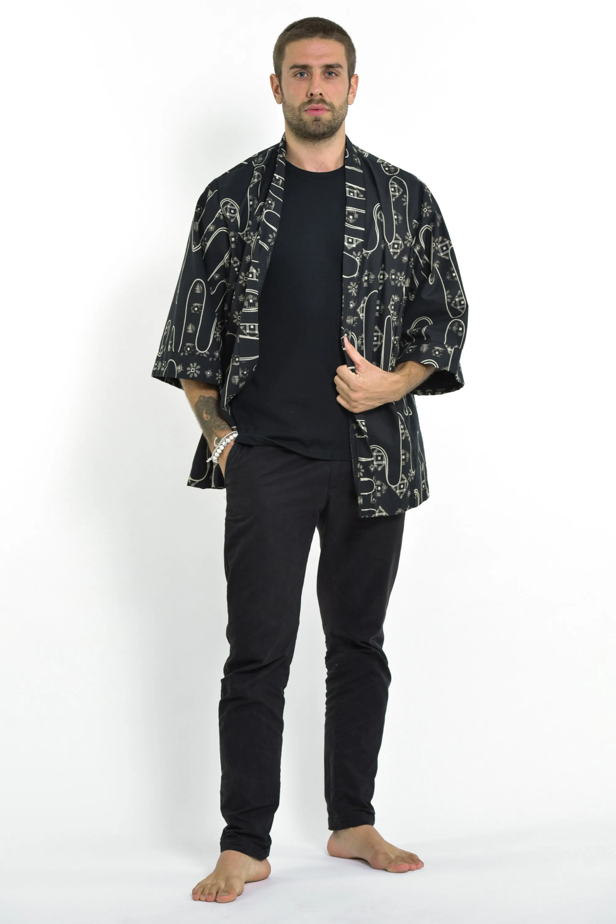 Japanese Print Cotton Kimono Cardigan in Black