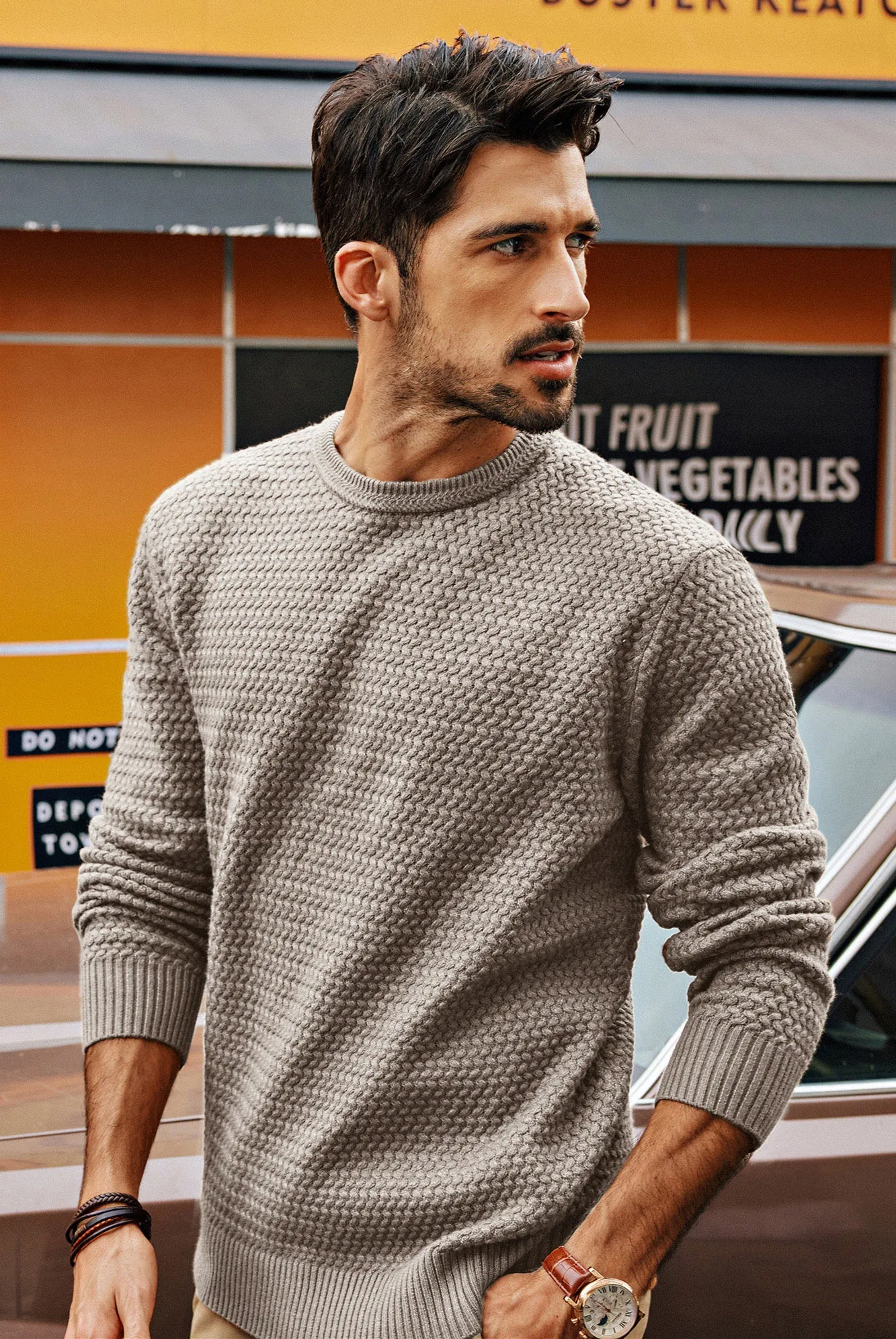 Men Textured Sweater Long Sleeve Crew Neck Ribbed Cuff Pullover Knitwear