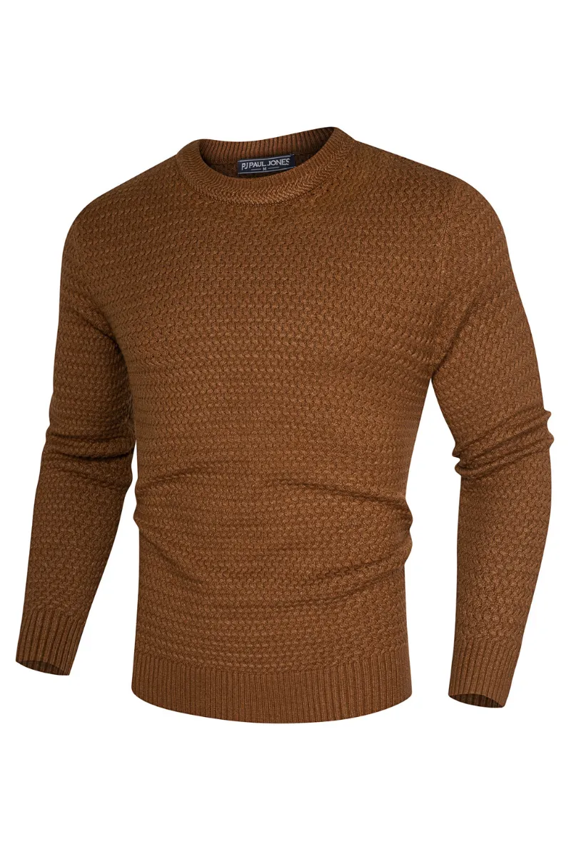 Men Textured Sweater Long Sleeve Crew Neck Ribbed Cuff Pullover Knitwear