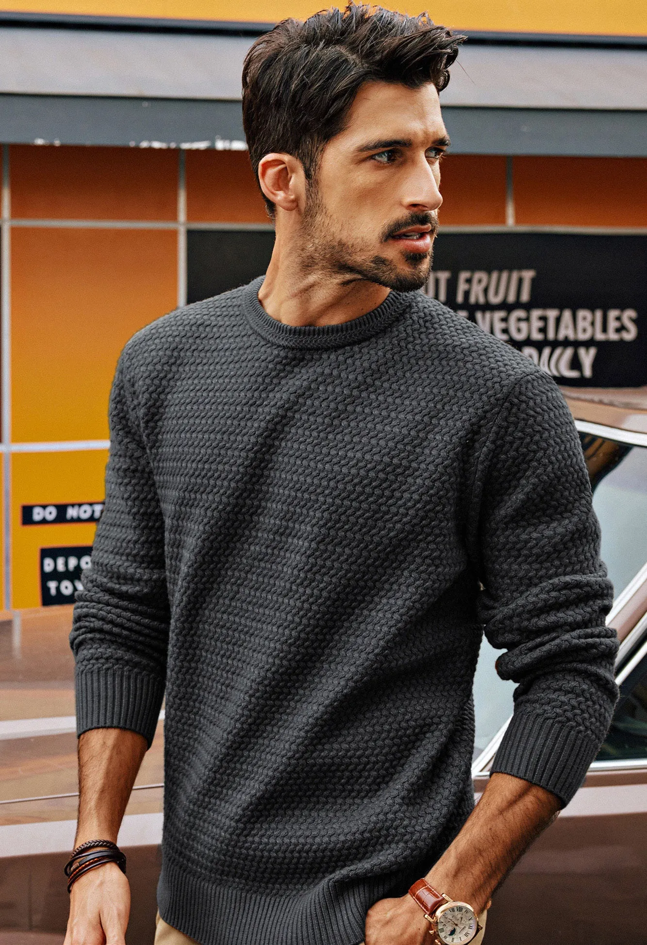 Men Textured Sweater Long Sleeve Crew Neck Ribbed Cuff Pullover Knitwear